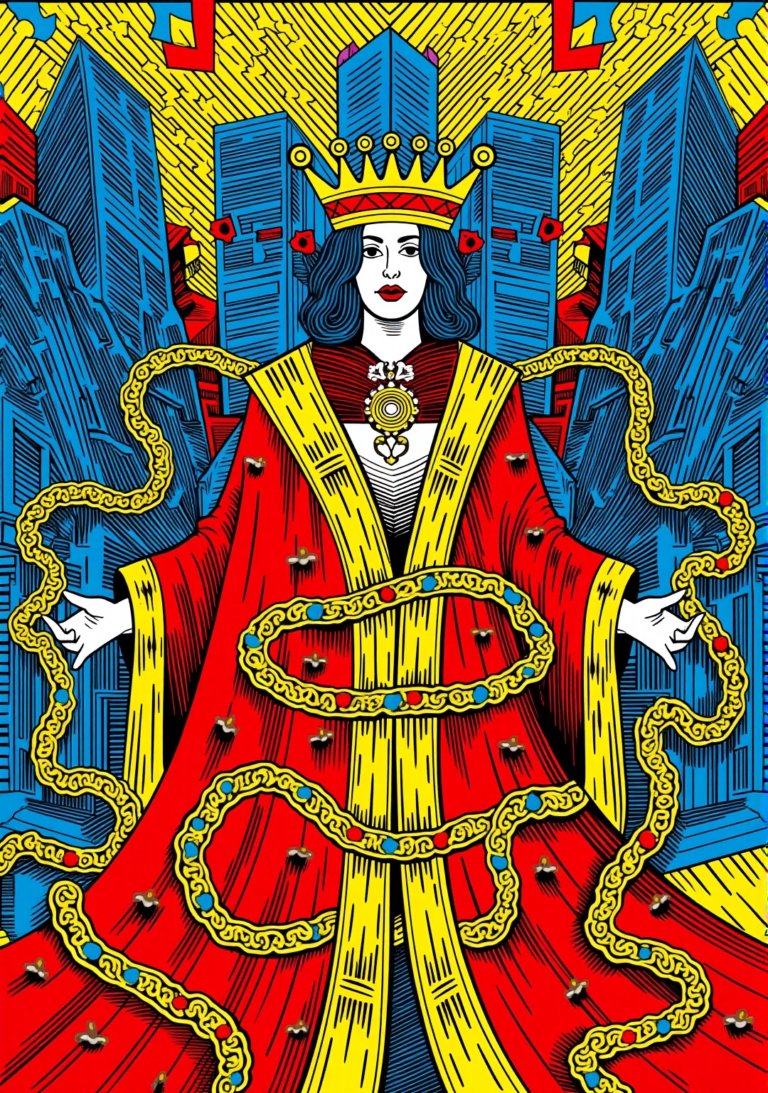 A modern King of Coins stands amidst a kaleidoscope of abstract geometrics,  blending ancient mysticism with contemporary...