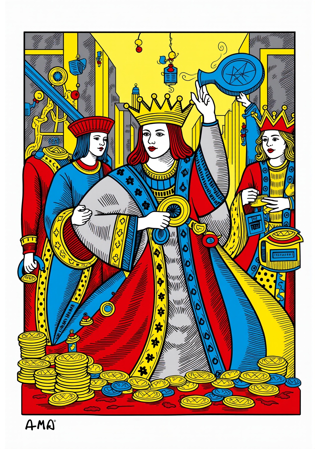 "A modern interpretation of the King of Coins,  surrounded by abstract geometric patterns,  urban setting on Tensor.Art