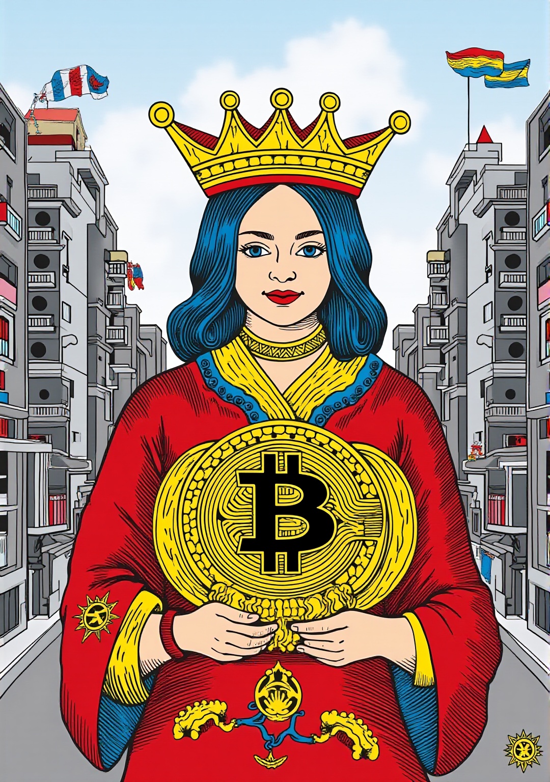 a modern interpretation of the Sota of Bastos,  holding a bitcoin,  urban background on Tensor.Art