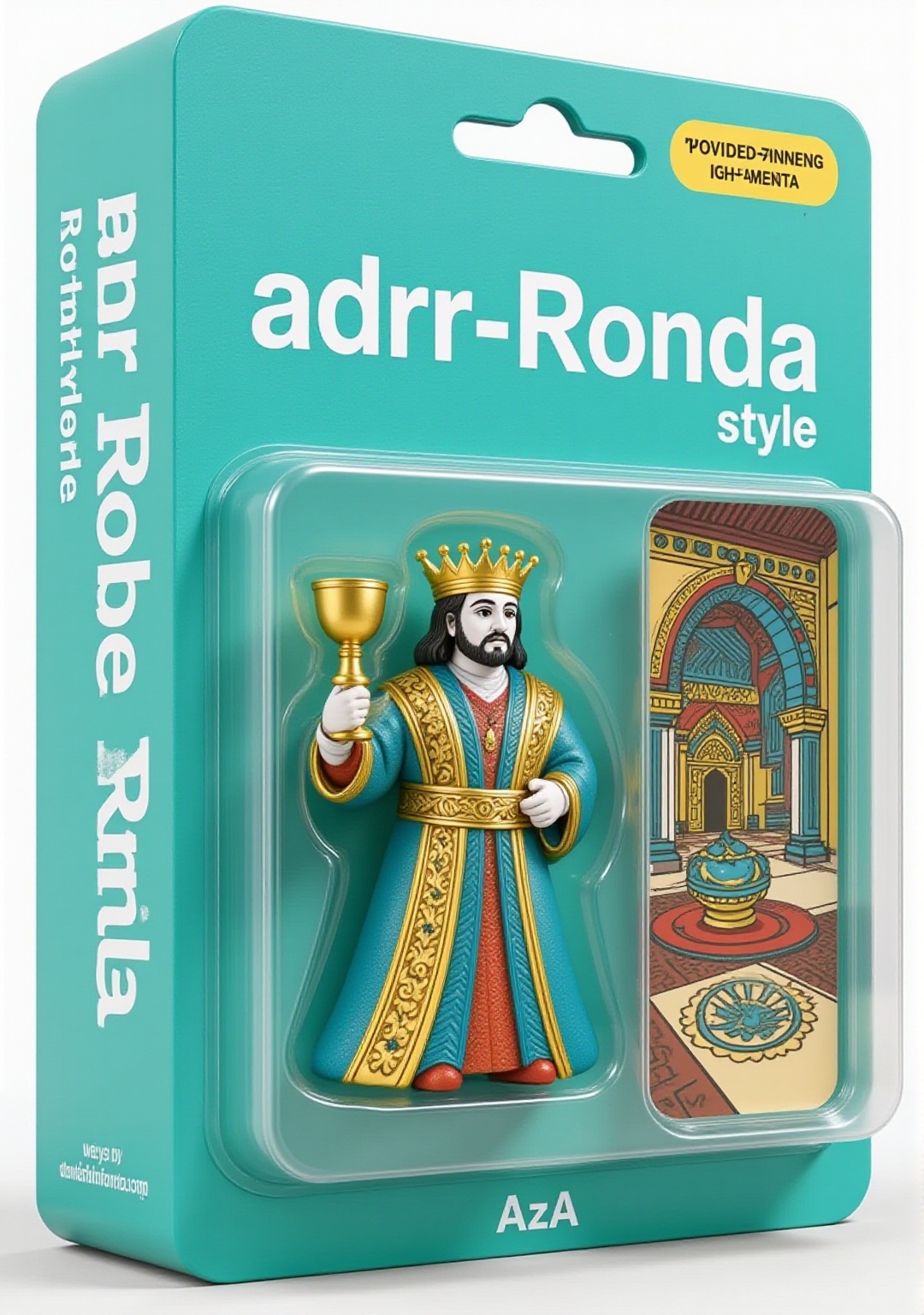 sf,  The figurine is packaged in a teal plastic case with a clear plastic window. A regal king holding a golden goblet,  i...