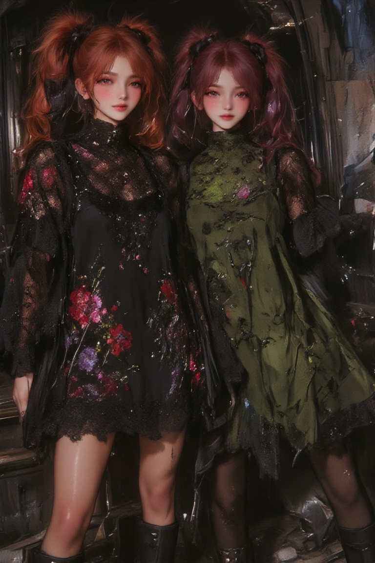 Two 24-year-old twin girls,  standing side by side,  each with distinct on Tensor.Art