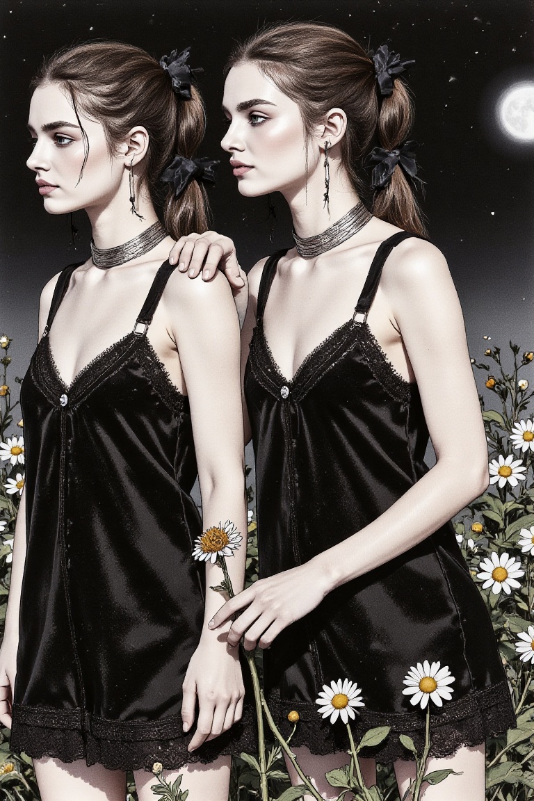 Create a surreal close-up pen and ink drawing of two ethereal twin women standing amidst a sea of moonlit daisies. They bo...