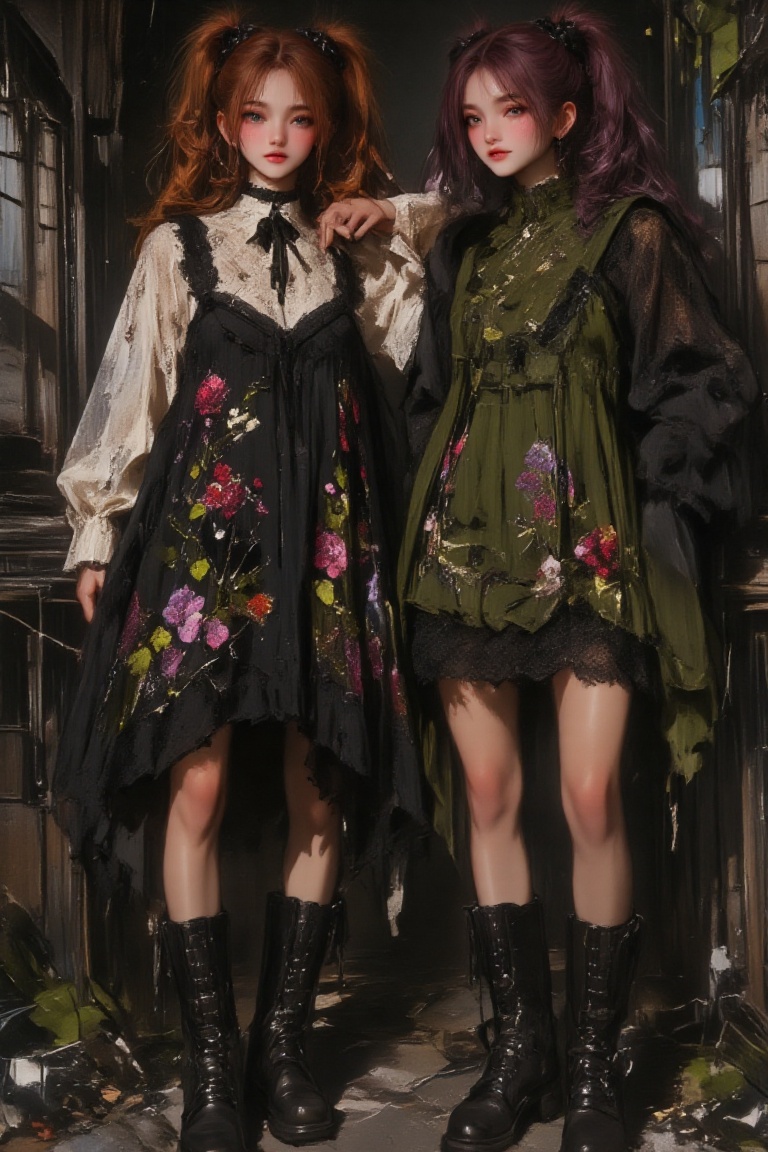 Two 24-year-old twin girls,  standing side by side,  each with distinct on Tensor.Art