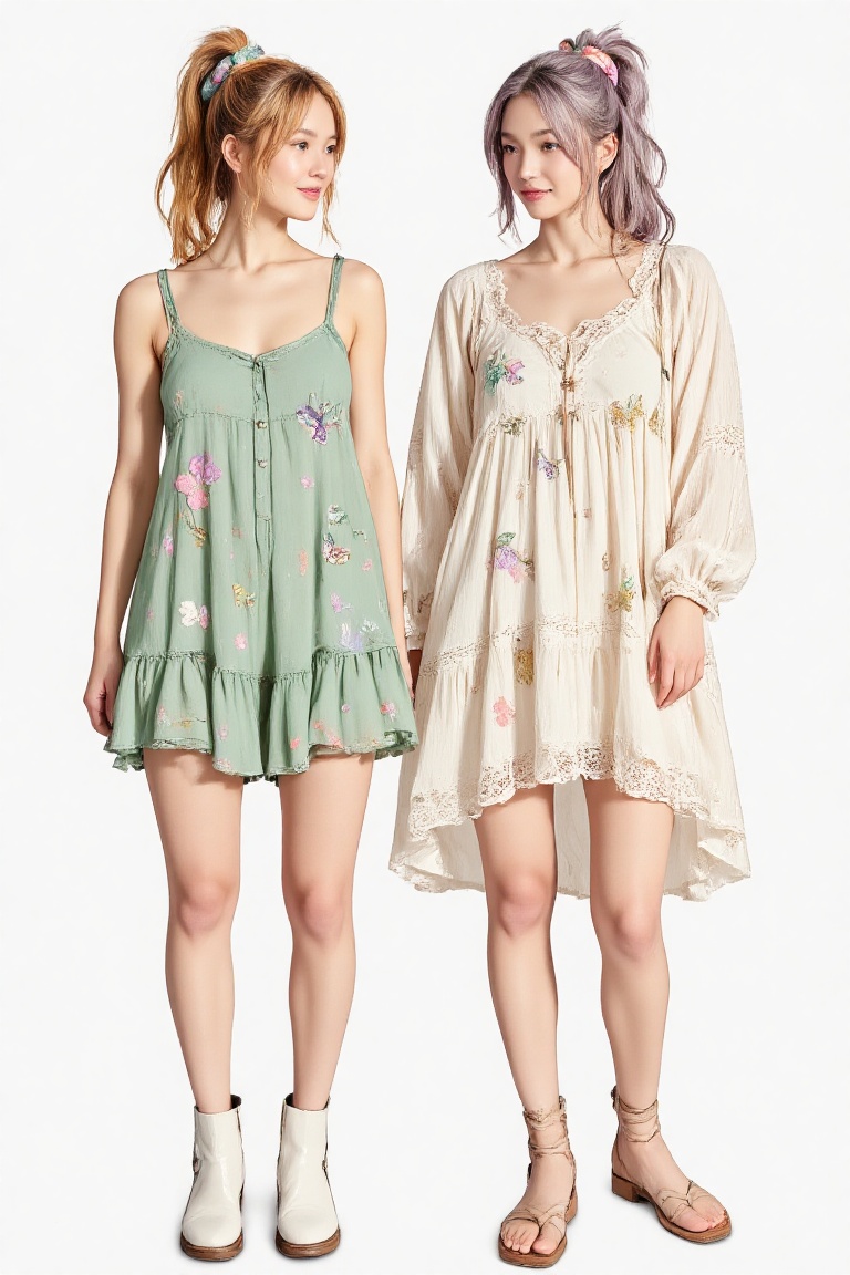 Two 24-year-old twin girls,  standing side by side,  but with contrasting personalities and looks. They both wear high pon...