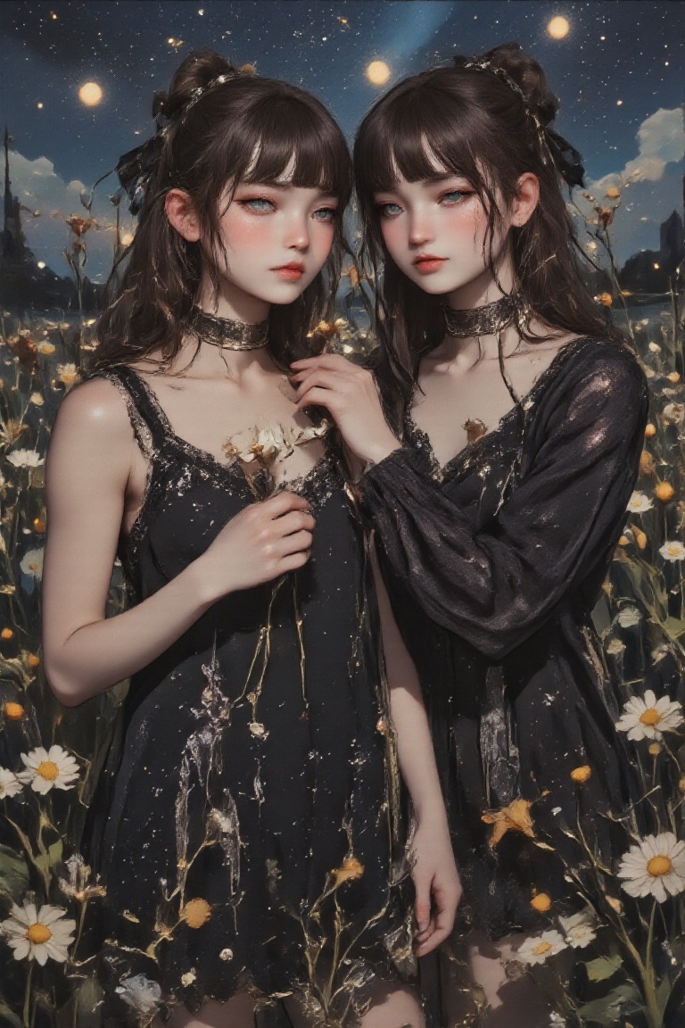 Create a surreal close-up pen and ink drawing of two ethereal twin women standing amidst a sea of moonlit daisies. They bo...