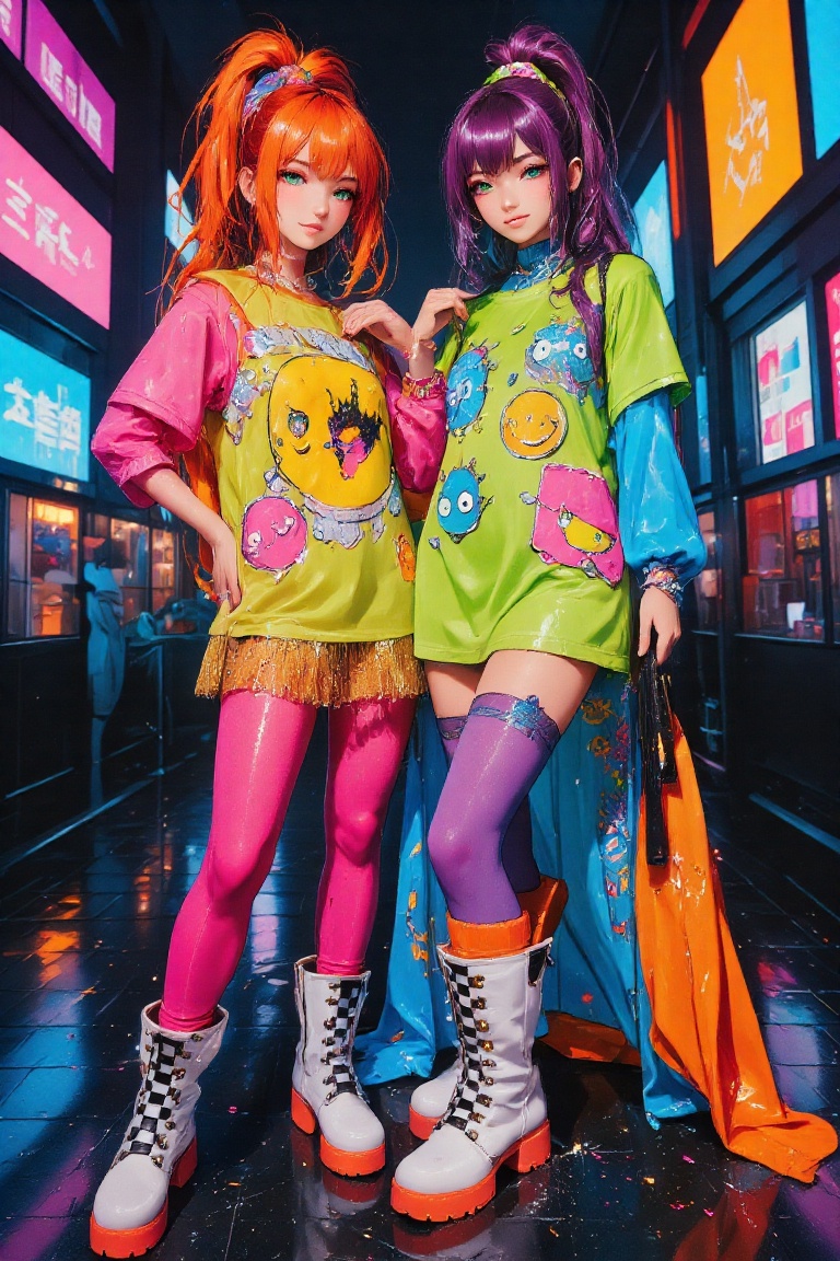 Two 24-year-old twin girls with exaggerated,  illustrated features,  standing side by side. They are not identical—each ha...