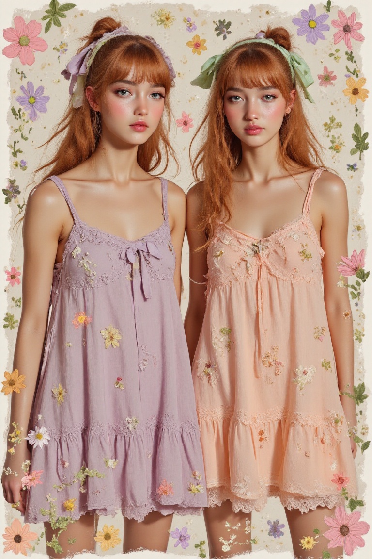 bird's view,  view from the above,  FULL-LENGTH portrait of Two beautiful skinny twin girls on Tensor.Art