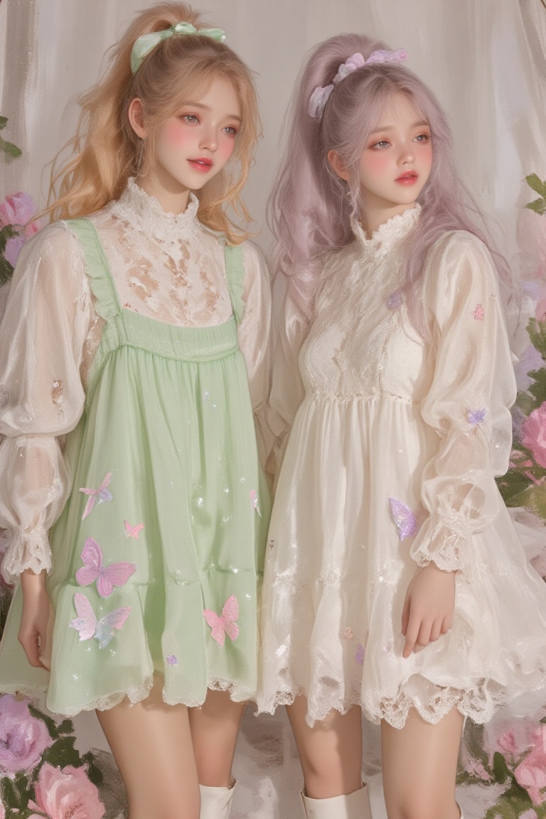 Two 24-year-old twin girls,  standing side by side,  but with contrasting personalities and looks. They both wear high pon...
