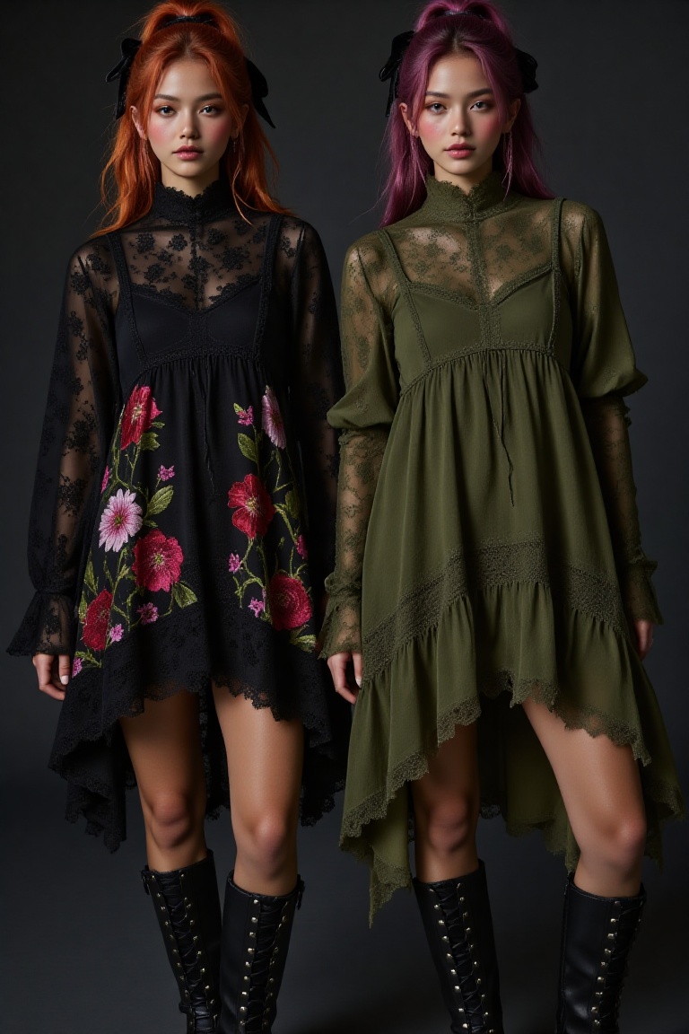 Two 24-year-old twin girls,  standing side by side,  each with distinct on Tensor.Art