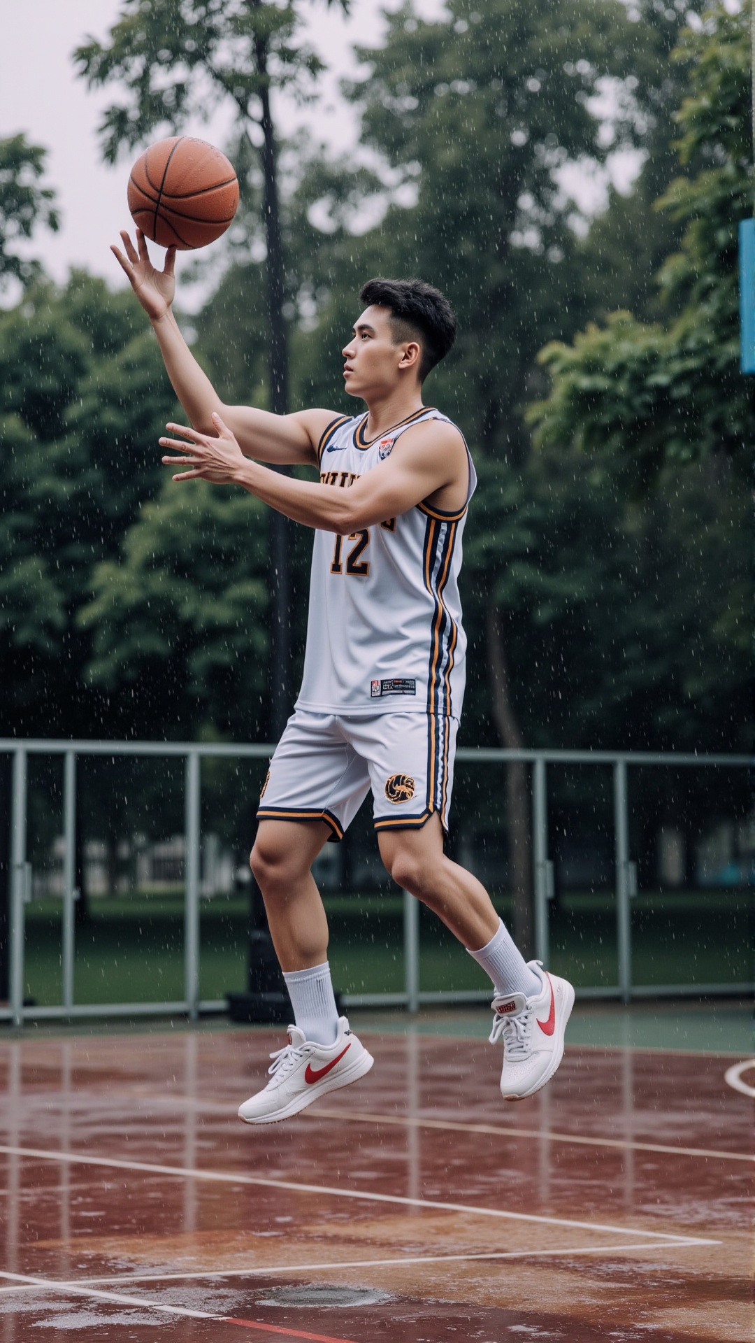 A handsome 22-year-old Asian male basketball player is captured mid-jump shot on an outdoor basketball court in the rain....