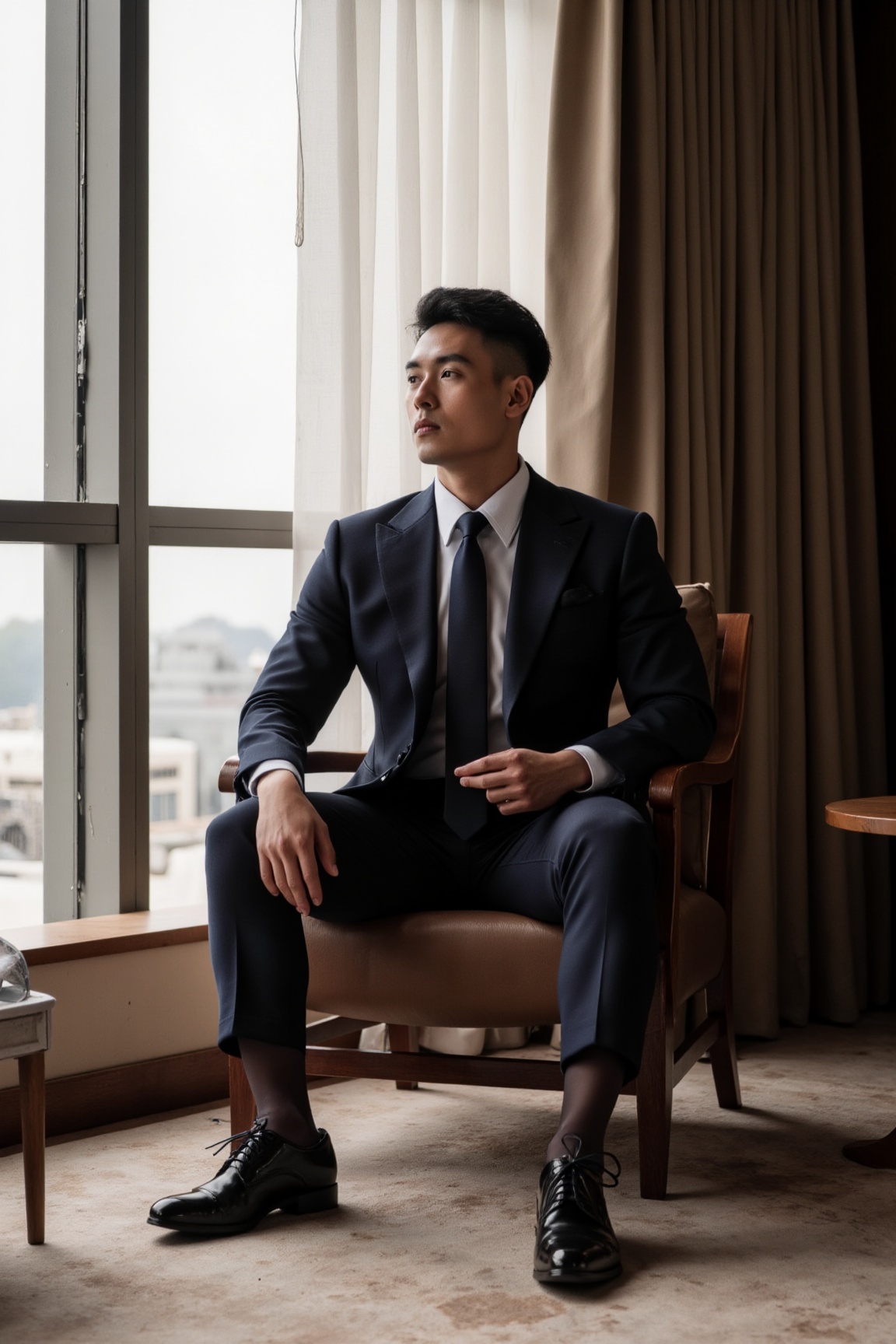 An elegant male CEO in a jet - black suit,  with subtly visible sheer socks paired with dress shoes,  sits upright on an a...