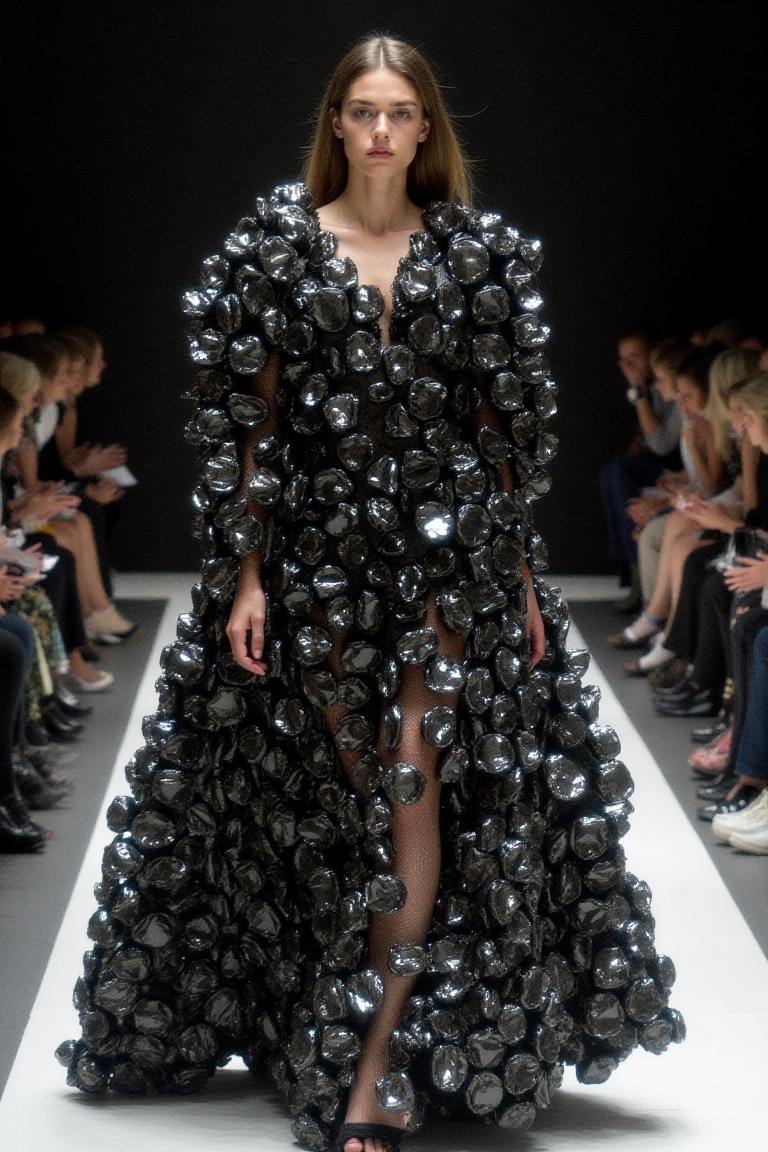 woman wear dresses made of black bubble wrap.walking on fashion show stage on Tensor.Art