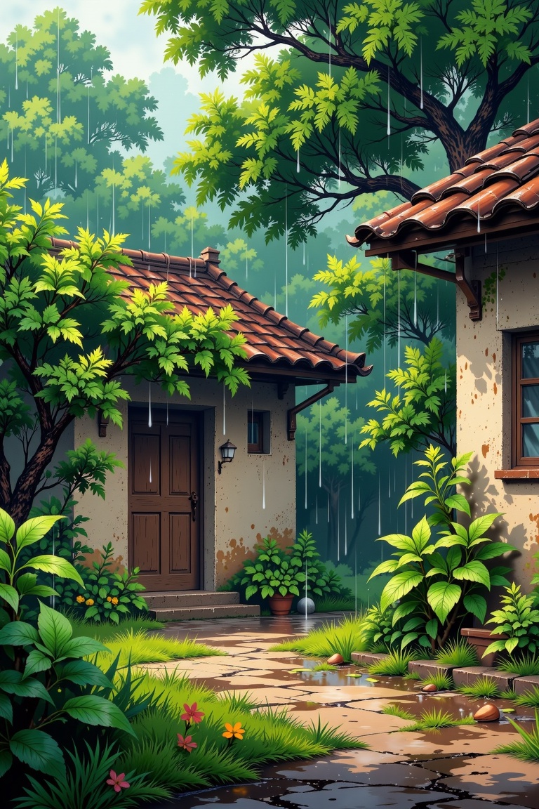 The image depicts a serene,  rain-soaked scene with a small,  rustic building partially obscured by lush green foliage. Th...