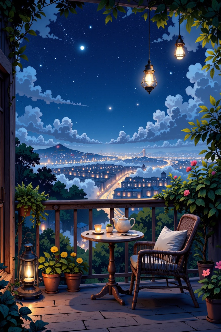 The image depicts a serene outdoor setting at night. A wooden balcony with a railing is adorned with potted plants and a s...