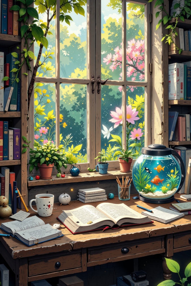 The image depicts a cozy and serene study room with a large window that offers a view of lush greenery and blooming flower...