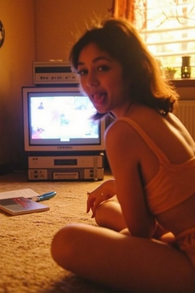 A nostalgic retro photo of a young woman sitting on the living room floor,  watching an old aerobics broadcast on a boxy C...