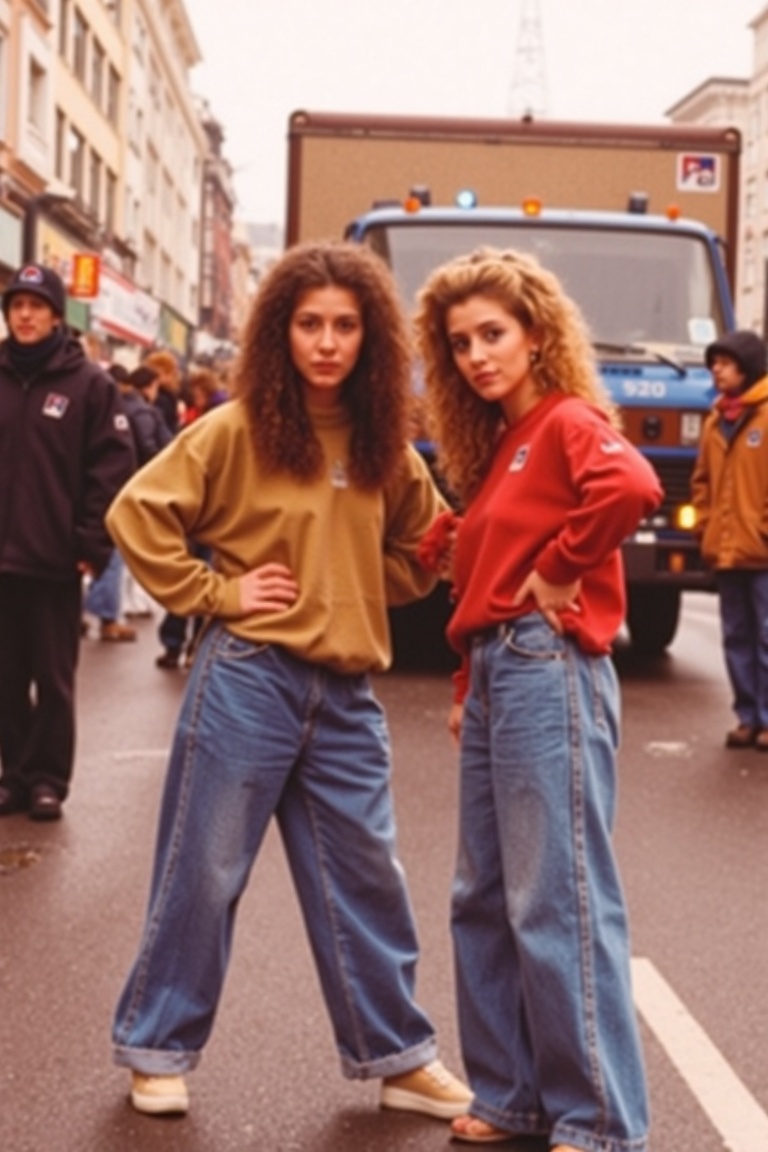 A nostalgic photo from the 1970s capturing two young Russian women posing cutely on a busy city street. They’re wearing ov...