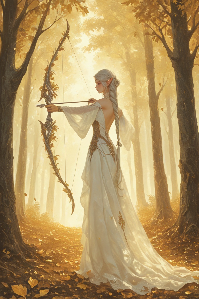 elf,  ethereal grace,  platinum hair tied in a hunter’s braid. Drawing longbow on Tensor.Art