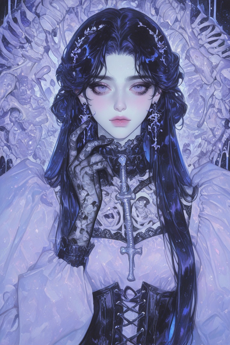 Girl with pale skin,  black eyeshadow,  blue and black hair on Tensor.Art