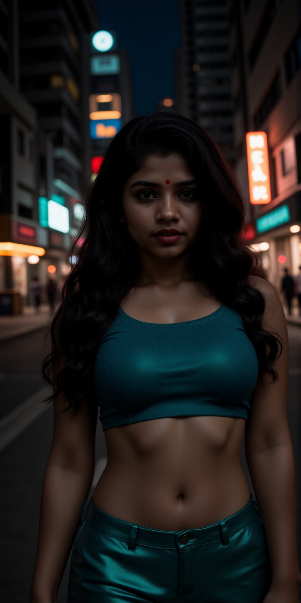 Indian woman A photograph of a young Indian woman with medium brown skin long black hair and dark eyes standing on a dimly...