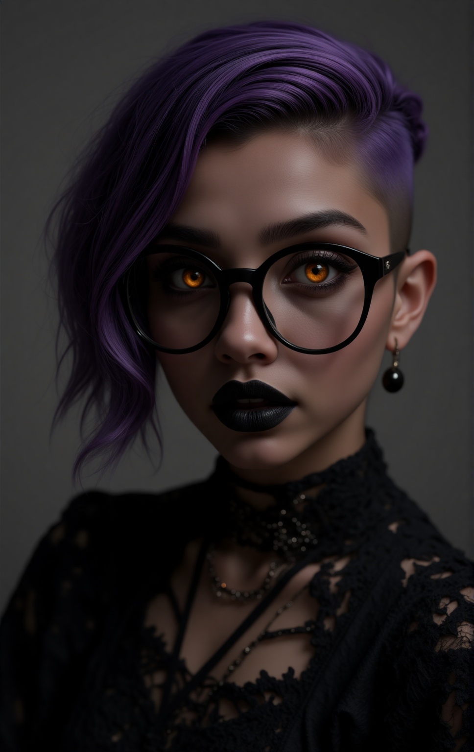 A super detailed,  hyper-realistic surrealistic portrait of a young woman with an edgy and modern look. She has a stylish...