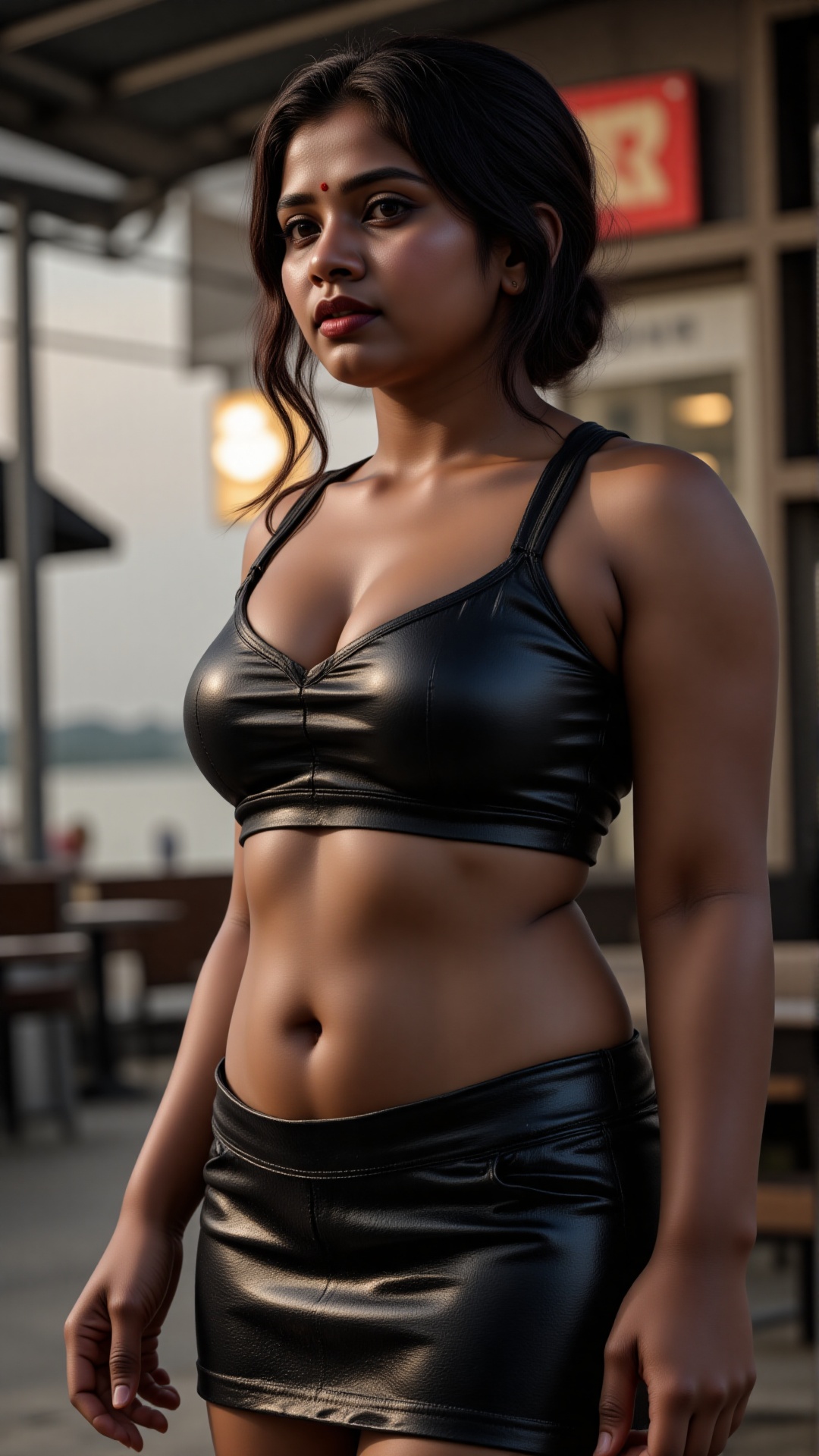 nsfw,  A high-quality photo of beautiful (Kavya Thapar) in a outdoor cafe fully drenched in oils. The woman is flaunting h...