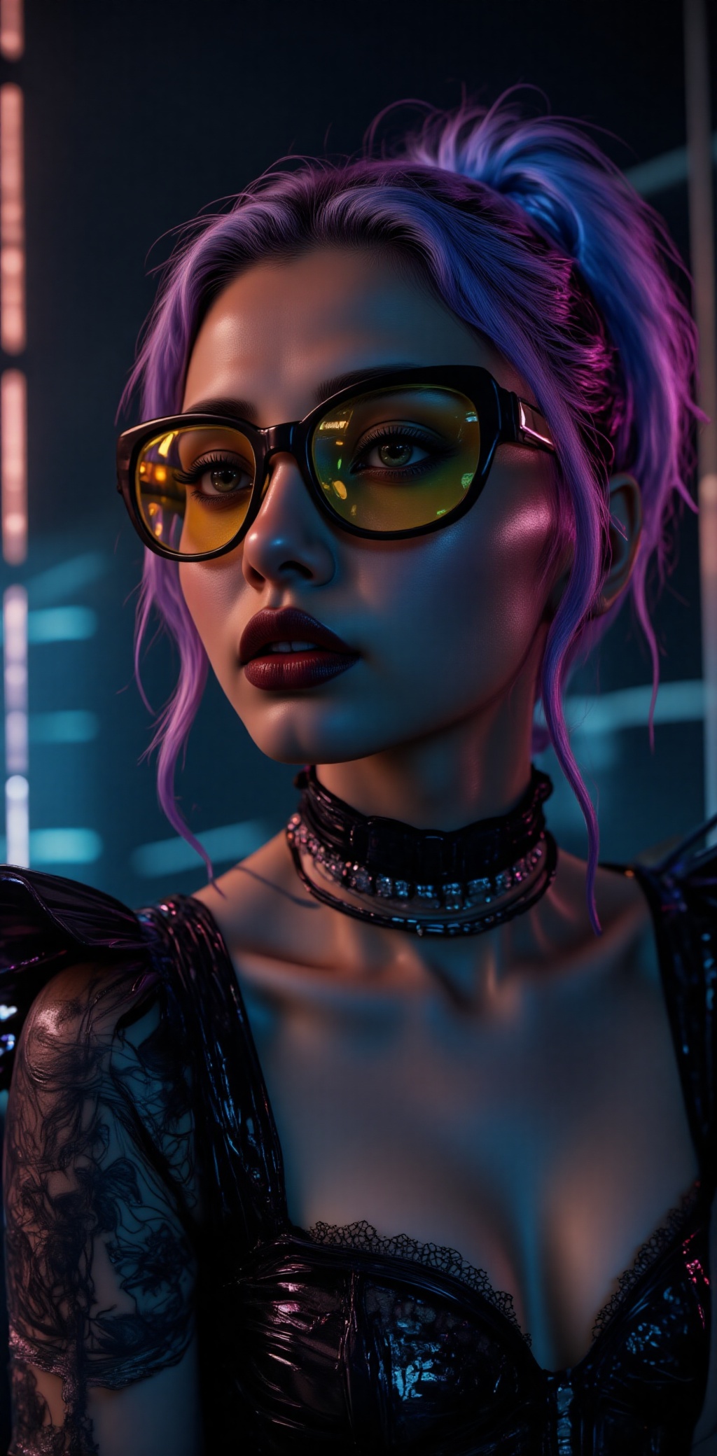 A super detailed,  hyper-realistic surrealistic portrait of a young woman with an edgy and modern look. She has a stylish...