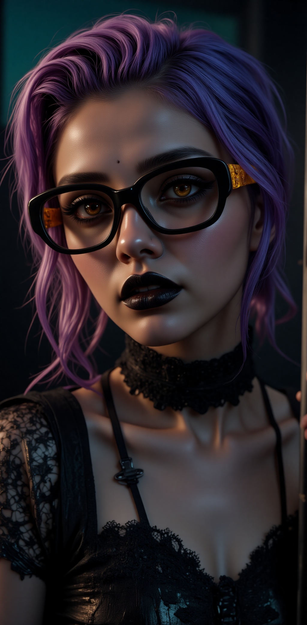 A super detailed,  hyper-realistic surrealistic portrait of a young woman with an edgy and modern look. She has a stylish...
