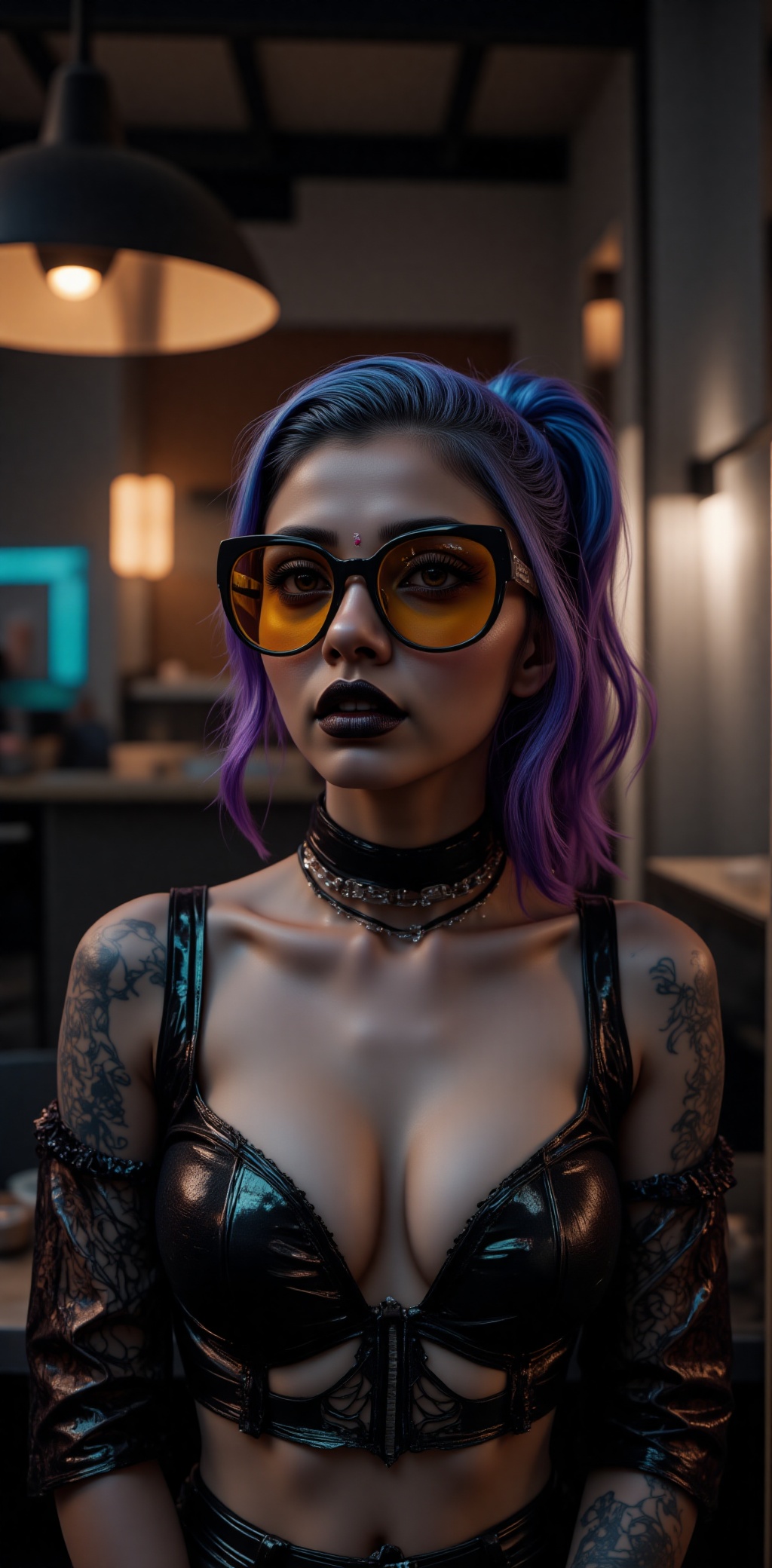A super detailed,  hyper-realistic surrealistic portrait of a young woman with an edgy and modern look. She has a stylish...