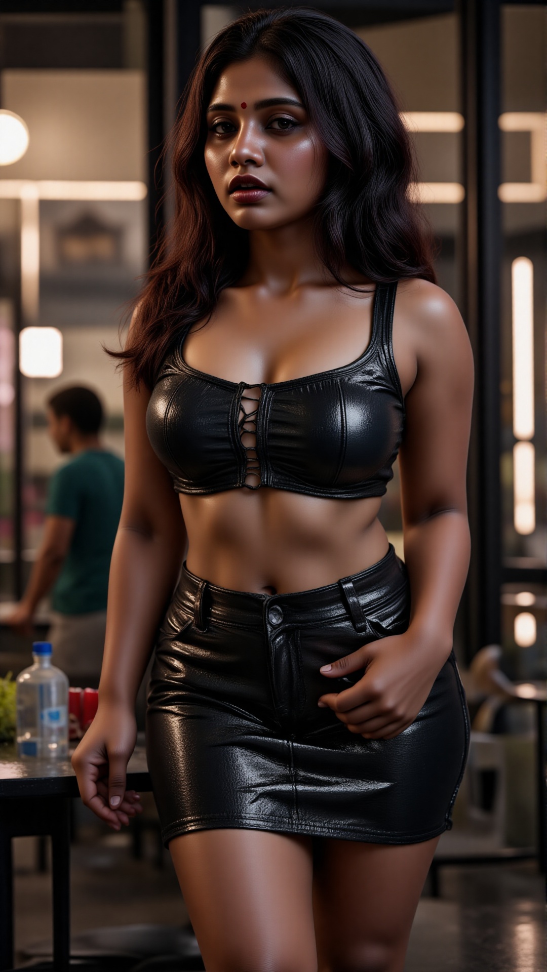 nsfw,  A high-quality photo of beautiful (Kavya Thapar) in a outdoor cafe fully drenched in oils. The woman is flaunting h...