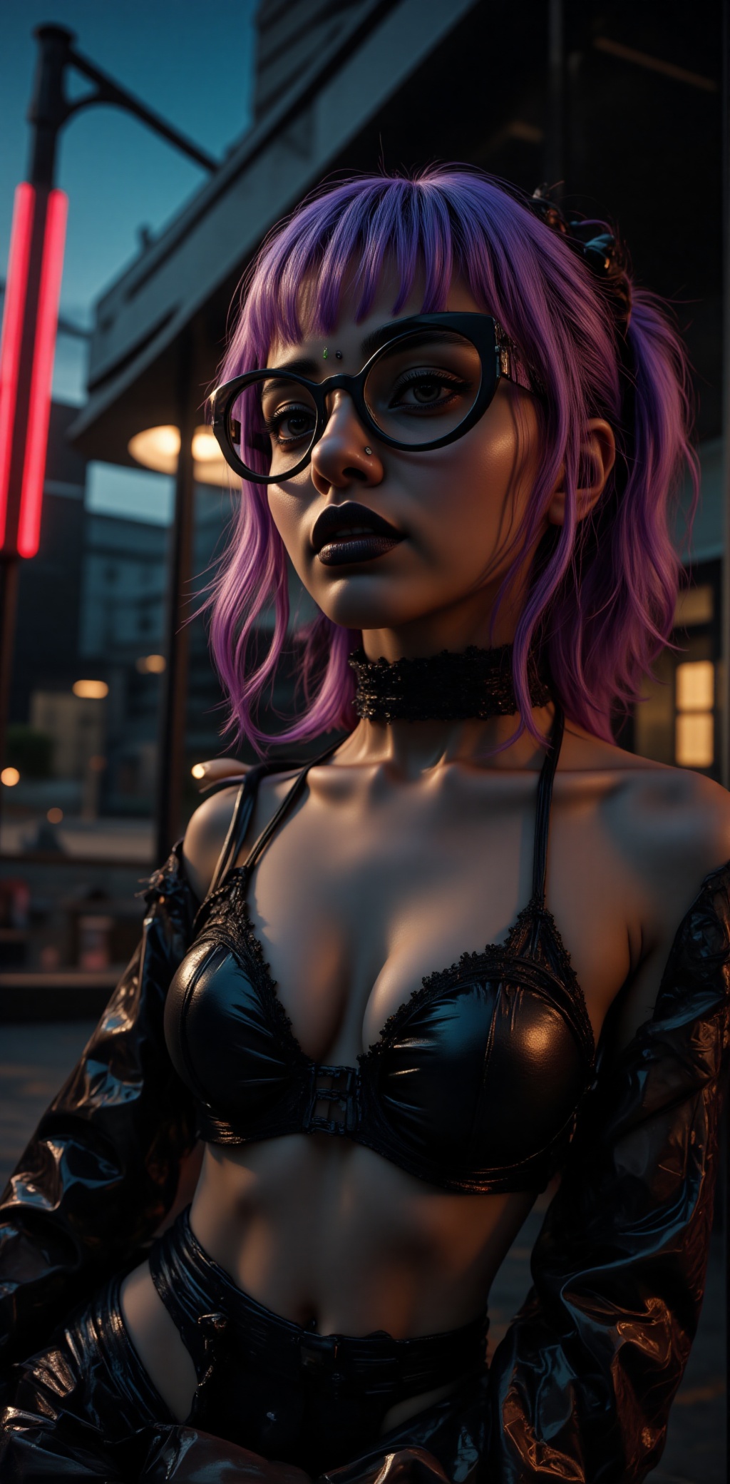 A super detailed,  hyper-realistic surrealistic portrait of a young woman with an edgy and modern look. She has a stylish...