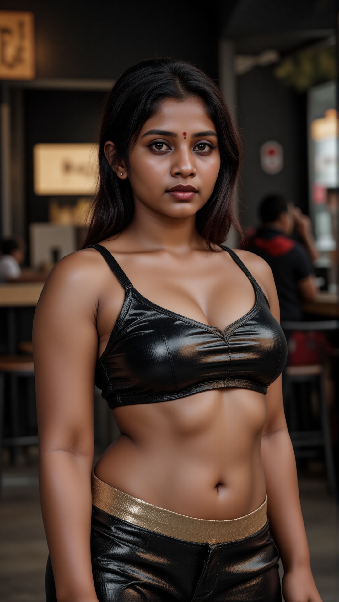nsfw,  A high-quality photo of beautiful (Kavya Thapar) in a outdoor cafe fully drenched in oils. The woman is flaunting h...