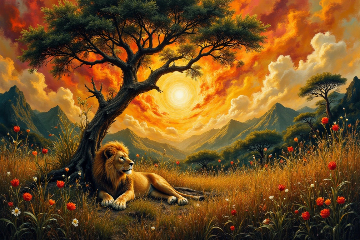 Lion lounging under acacia tree peacefully with the soft glow of a setting sun lighting features,  surrounded by vibrant f...