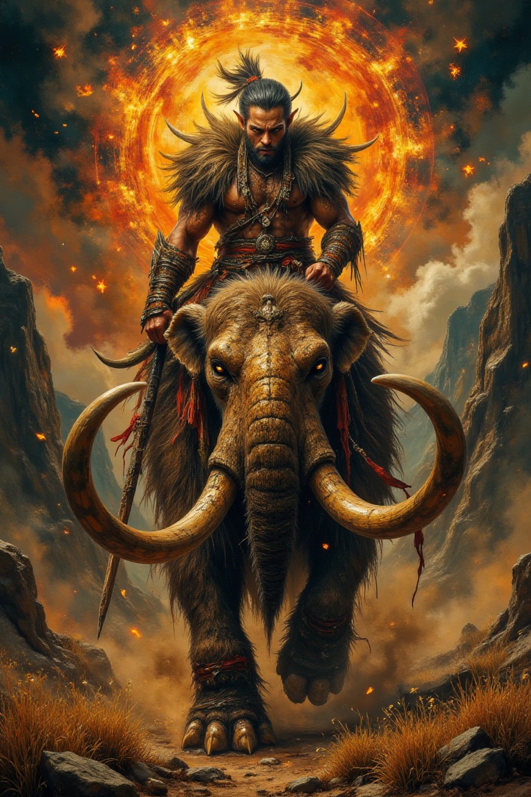 A Full Body photo shot of a native orc warrior,  riding on his majestic sharp tusk mammoth,  beautiful face on Tensor.Art