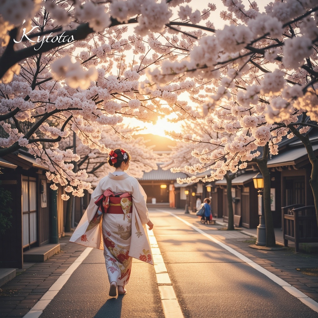 Kimono-clad Japanese woman walking gracefully under cherry blossoms during golden hour,  tranquil setting,  poetic vibe on...