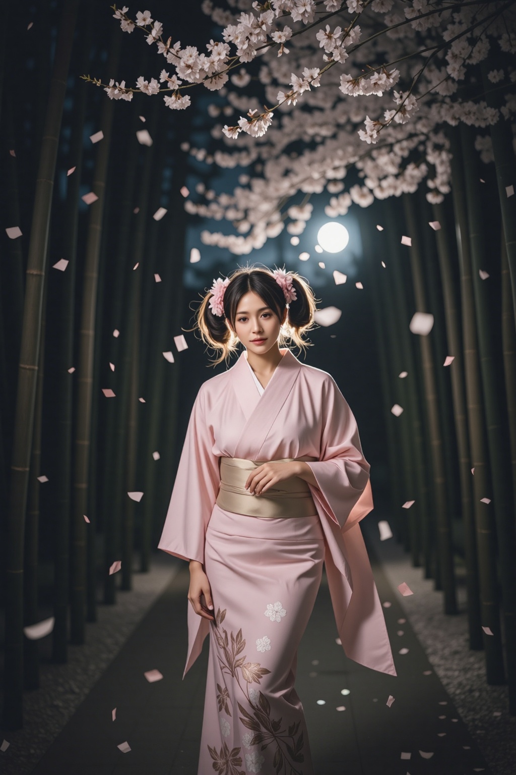 1girl,  twin tails hairstyle,  dressed in soft pink traditional kimono on Tensor.Art