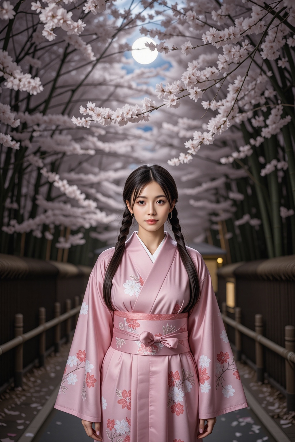 1girl,  twin braids,  pink floral kimono on Tensor.Art
