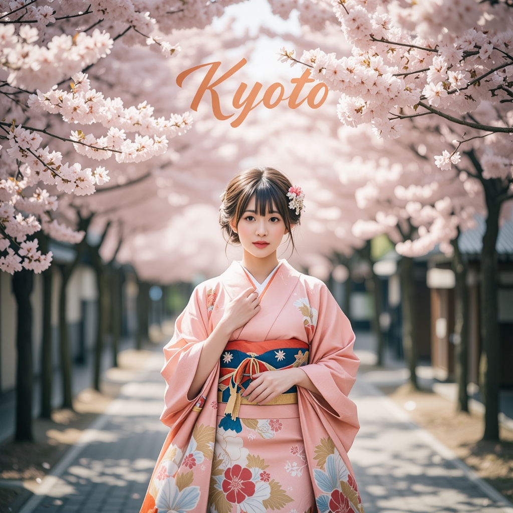 A beautiful Japanese woman wearing a traditional kimono,  gracefully walking under blooming cherry blossom trees,  soft sp...