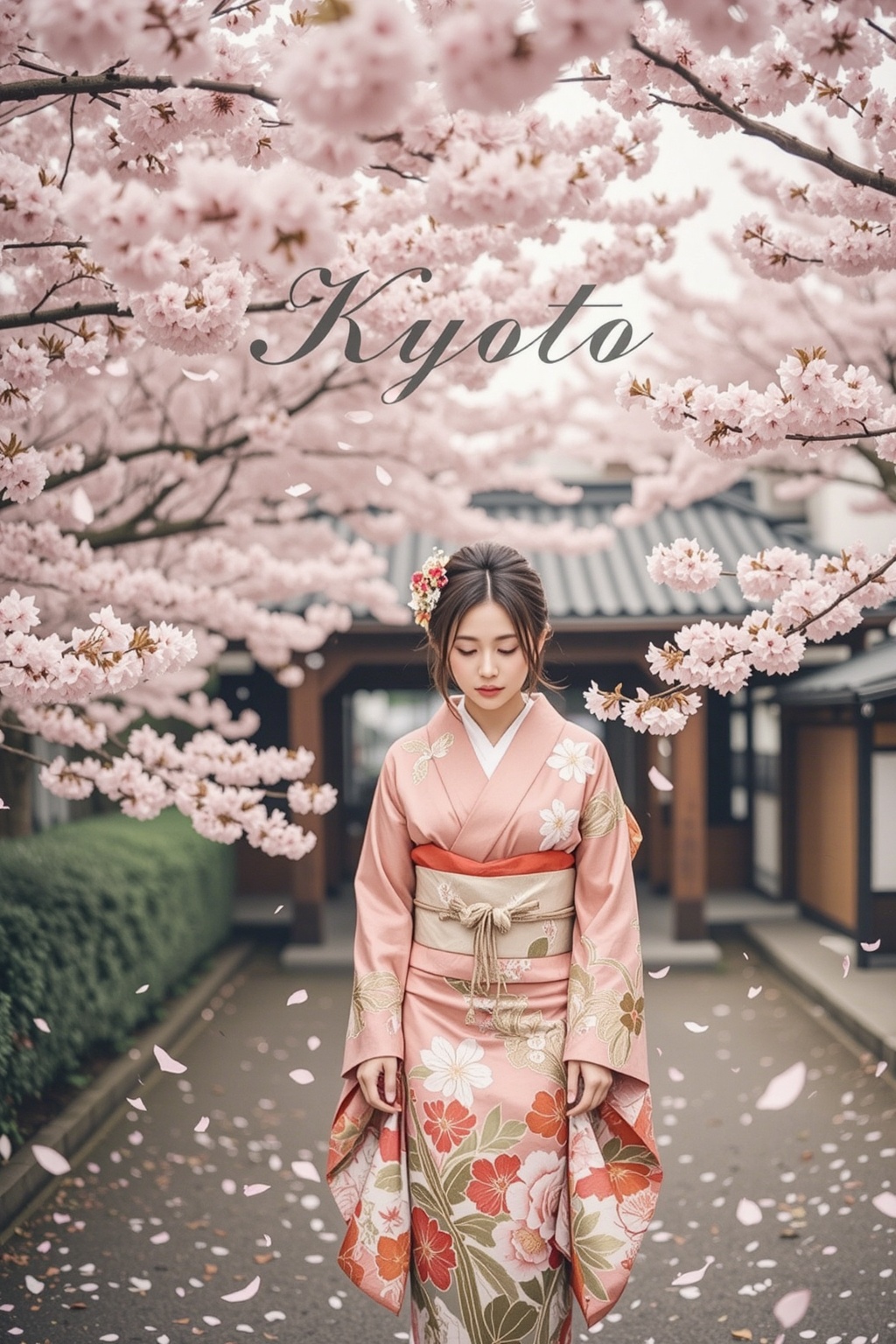 A music CD cover design featuring a kimono-wearing Japanese beauty under full sakura bloom,  soft lens effect,  vintage pa...
