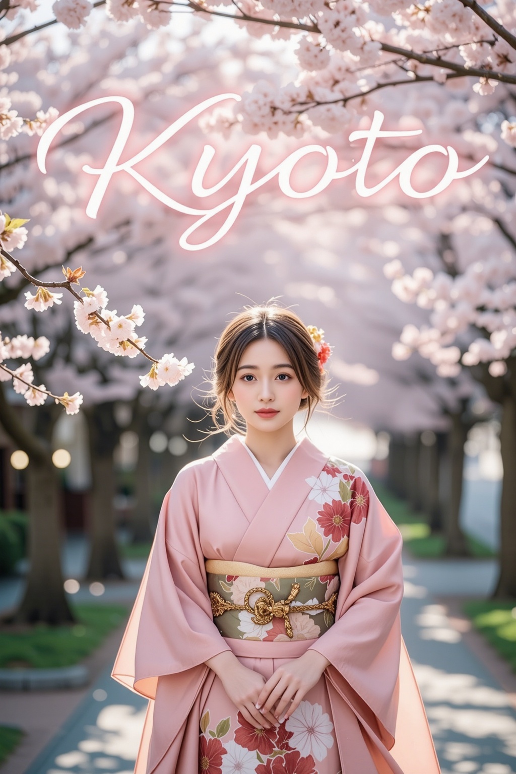 A beautiful Japanese woman wearing a traditional kimono,  gracefully walking under blooming cherry blossom trees,  soft sp...