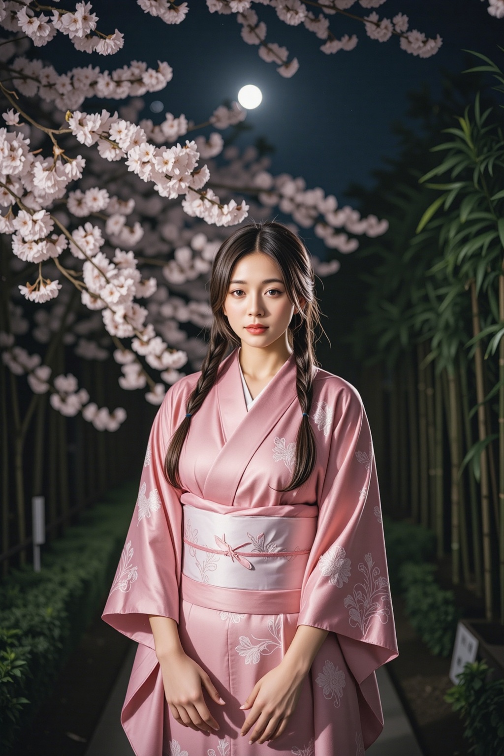 1girl,  twin braids,  wearing ornate pink kimono on Tensor.Art