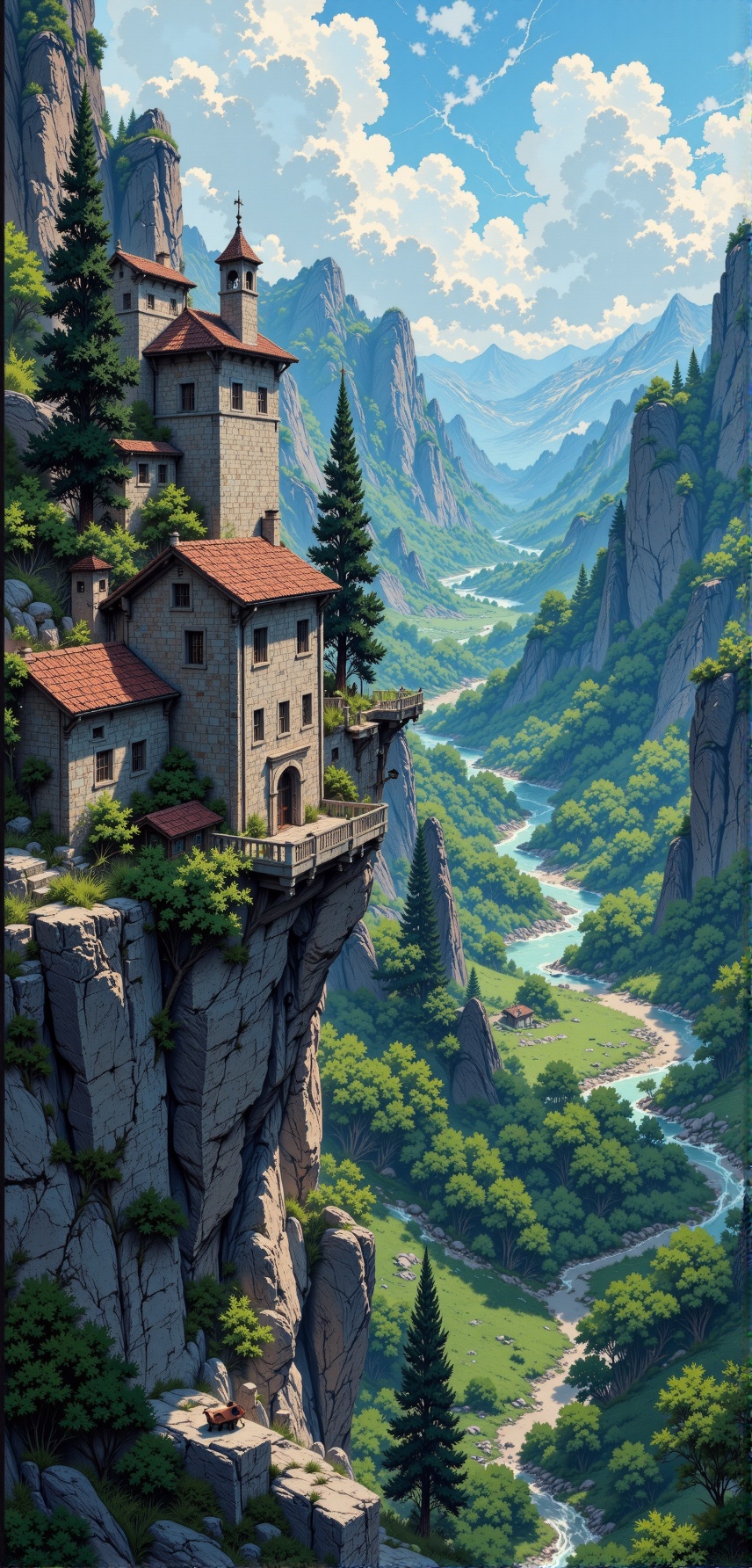 The image depicts a stunning landscape with a dramatic cliffside that houses a series of stone buildings,  possibly castle...