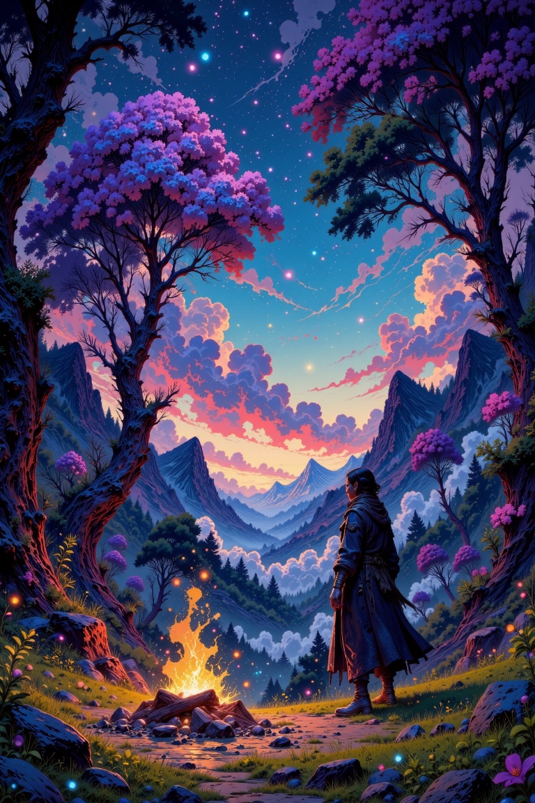 The image depicts a serene and mystical forest scene at dusk or dawn,  with a person standing at the center,  facing away...