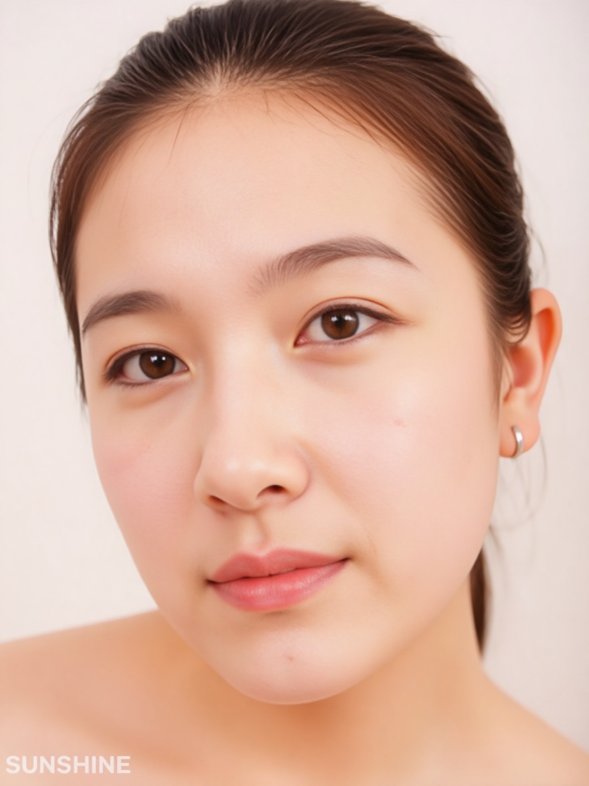 The image shows a close-up portrait of a woman with a smooth complexion. She has neatly groomed eyebrows and is wearing mi...