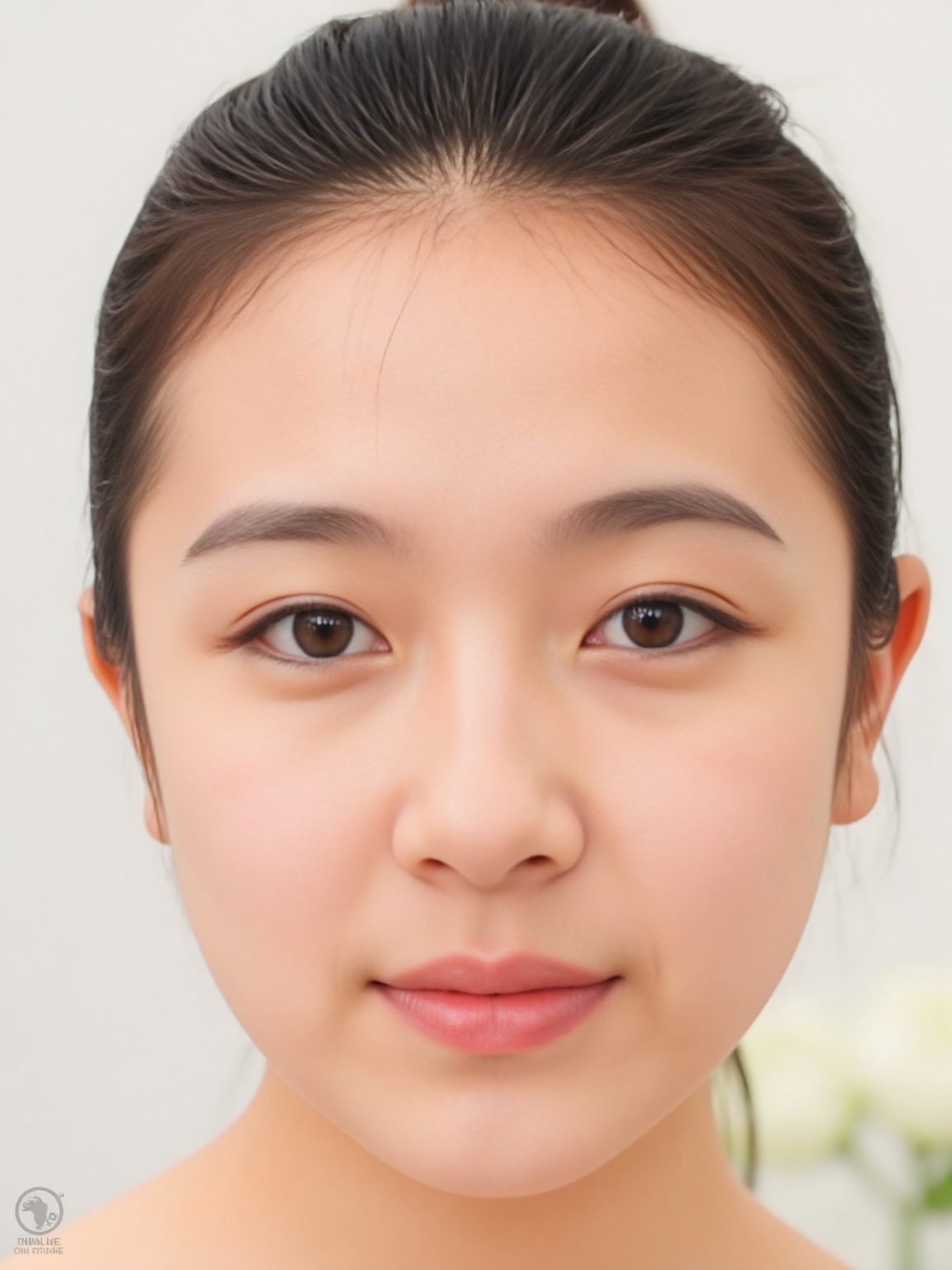 The image shows a close-up portrait of a woman with a smooth complexion. She has neatly groomed eyebrows and is wearing mi...