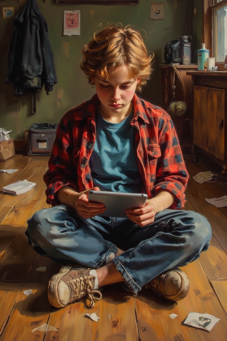 The image depicts a young person sitting cross-legged on the floor,  wearing a red plaid shirt over a blue t-shirt,  along...
