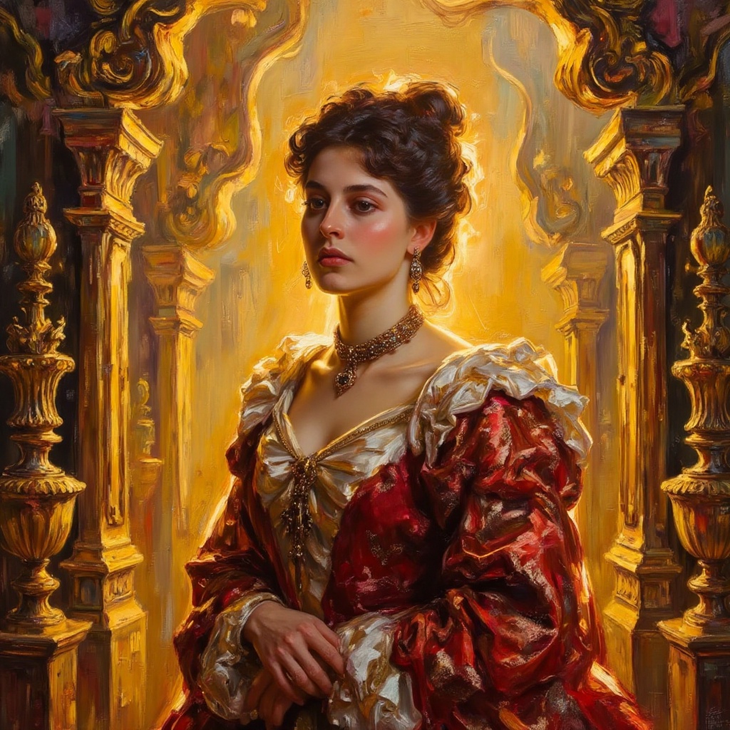An opulent oil painting style lineart,  showcasing a majestic royal figure adorned in velvet robes and jeweled accessories...