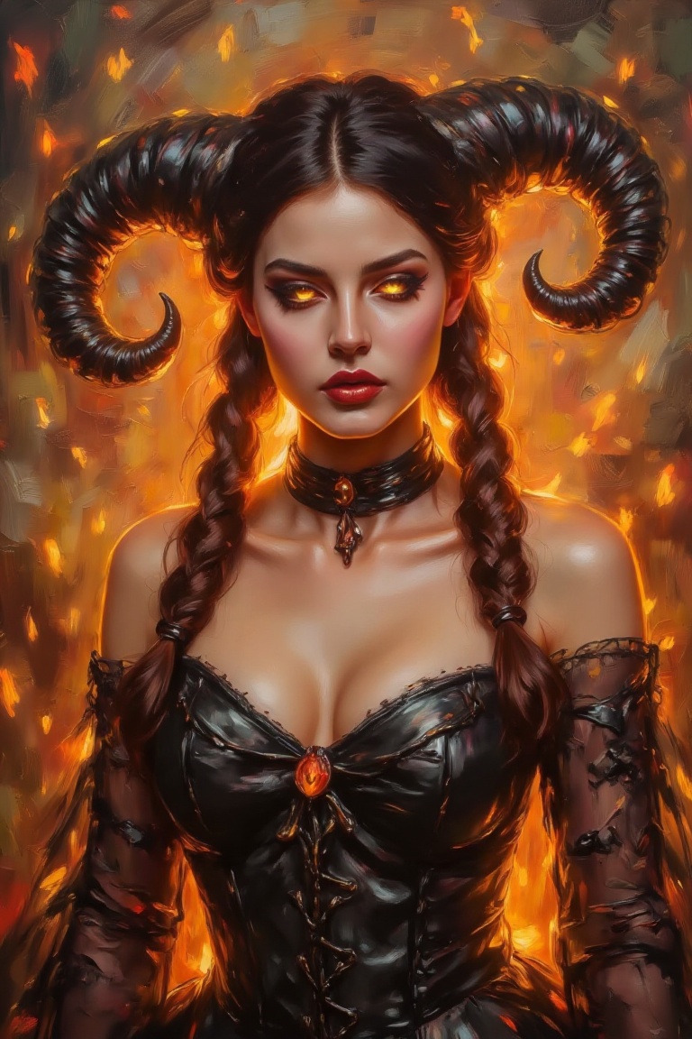 The image depicts a fantasy-themed character with striking features. The character has long,  dark hair styled into two br...