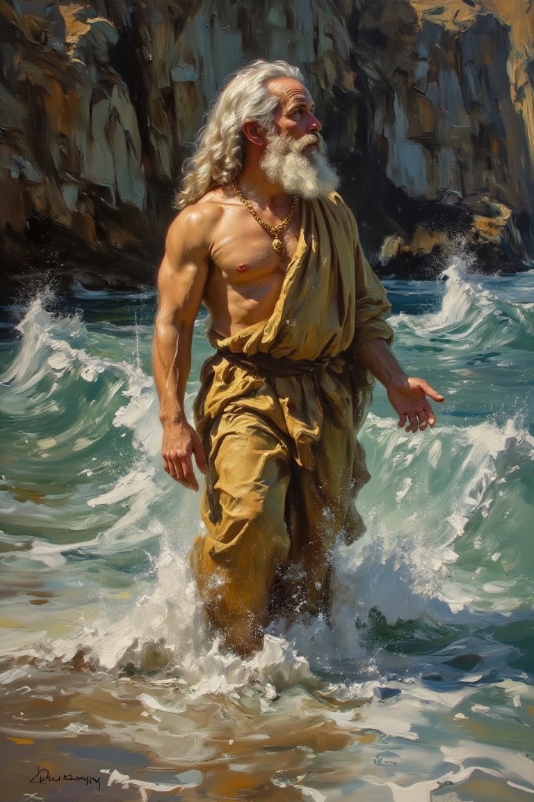 The image depicts a man with long,  flowing white hair and a full beard,  standing in the ocean. He is wearing a golden-br...