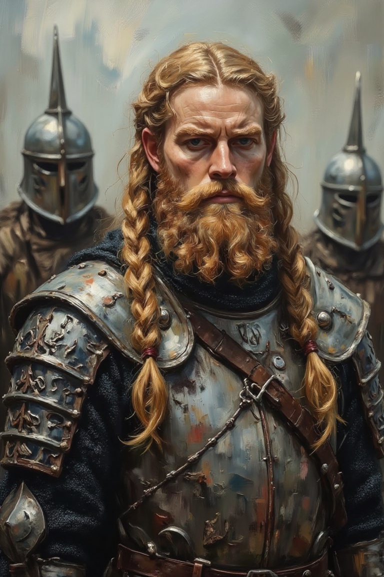 The image depicts a highly detailed and realistic depiction of a warrior with long blonde braids,  a full beard,  and a st...